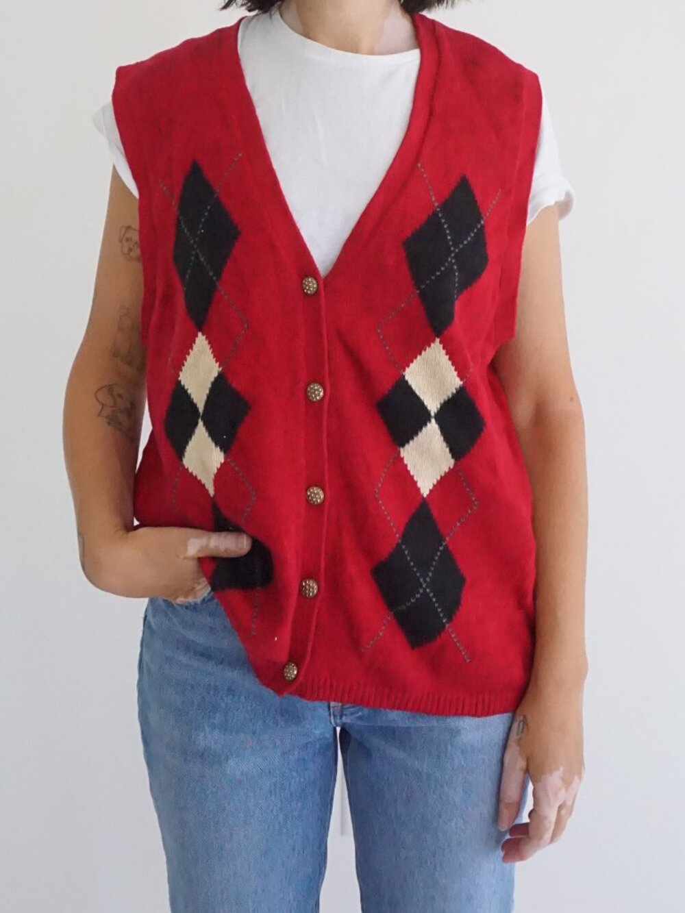 Vintage Sag Harbor Red Argyle Diamond Button V Neck Ribbed Knit Sweater Vest L